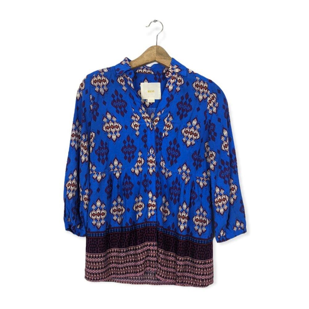 Maeve Blue Woodland Walk Button Down Blouse Size 2